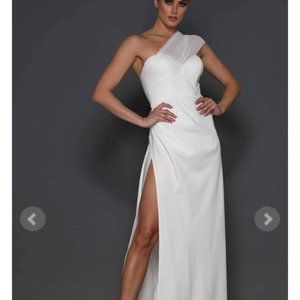 Elegant designer gown with slit and body corset.Very comfortable.